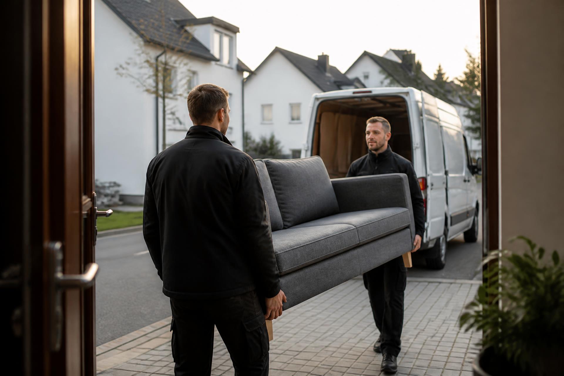 Zwei RaumBlitz Mitarbeiter tragen ein Sofa aus einem Haus zum Transporter – Entrümpelung in Oldenburg